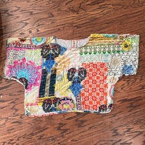 Johnny Was Multicolor Patchwork Short Dolman Crop Top